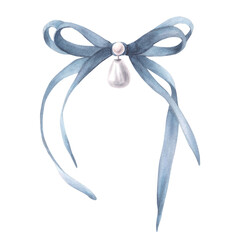 Blue silk bow with a pearl. Watercolor cute hair ribbon. Coquette girl accessory hand drawn in realistic style illustration. Clipart for product label, greeting card, sticker. Isolated from background