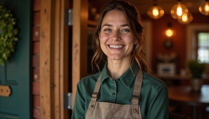 Close-up of an innkeeper welcoming guests at a rustic inn with a warm smile