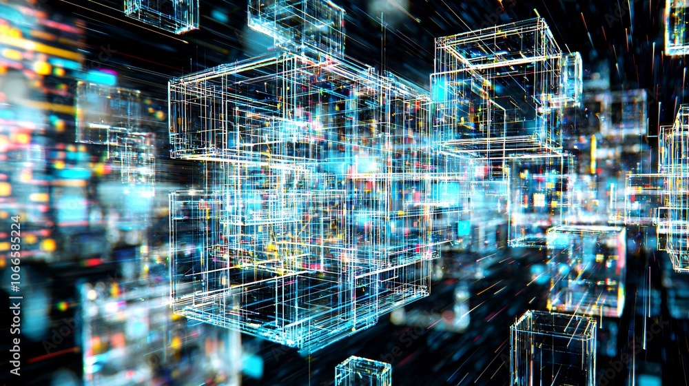 Poster Explore the dynamic world of data visualization graphics with flowing light patterns and 3d elements