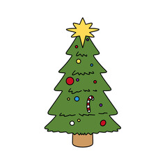 A cartoon Christmas tree with a star on top and candy canes on the bottom
