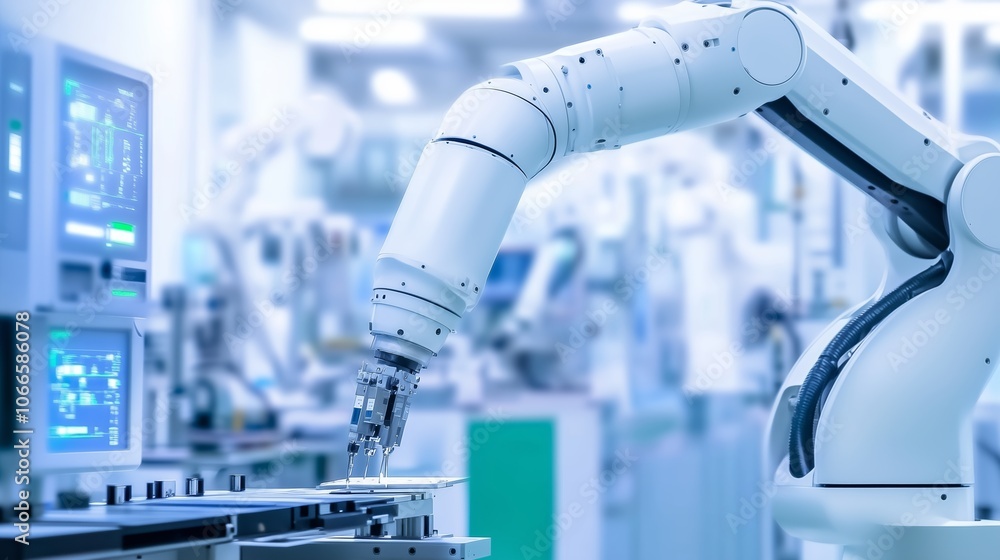 Poster advanced robotic arm performing intricate assembly tasks in a high-tech manufacturing facility