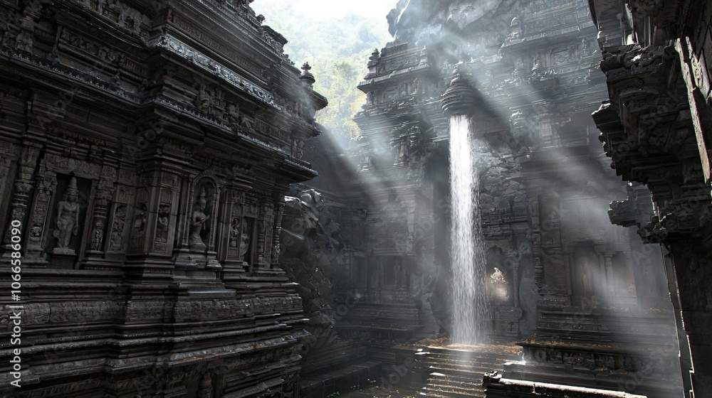 Poster experience tranquility in an ancient temple meditation scene with beams of light guiding your journe