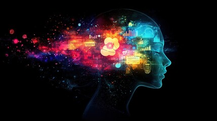 Fototapeta premium Human Head Silhouette with Colorful Abstract Icons 