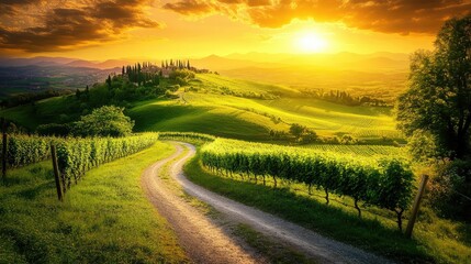Obraz premium Serene Sunset Over Rolling Hills and Vineyards