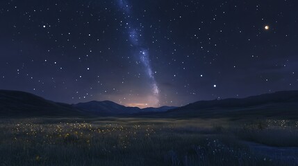 Obraz premium Night Sky with Milky Way over a Field of Flowers