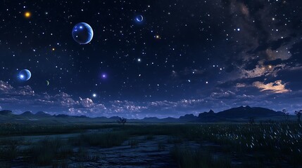 Fototapeta premium A Nighttime Landscape with Multiple Moons and Stars