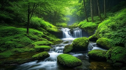 Obraz premium Serene Waterfall in a Lush Green Forest.