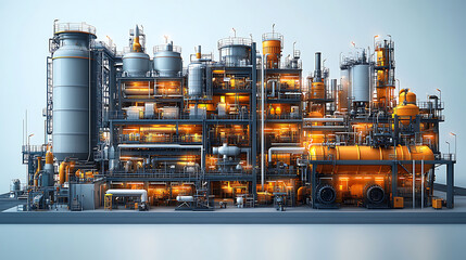 detailed 3D illustration of fossil fuel processing plant, showcasing intricate machinery and vibrant lighting. industrial design emphasizes efficiency and technology
