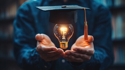 E-learning graduate certificate program concept. man holding lightbulb showing graduation hat 