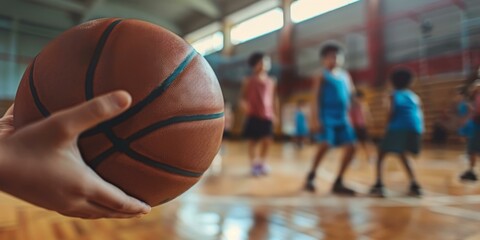 A person holding a basketball in front of some kids on the court. AI.