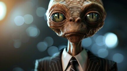 A close up of a alien looking creature in suit and tie. AI.