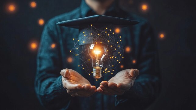 E-learning graduate certificate program concept. man holding lightbulb showing graduation hat 