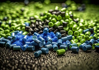 Blue Raw Plastic Pellets Background Close-Up - High-Quality Polymer Beads Resin Granules for Industrial Applications and Creative Projects
