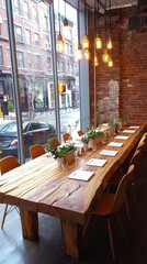 Naklejka premium Wooden Table and Chairs in Restaurant.