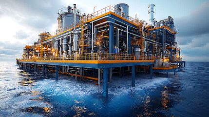 large industrial facility on water, featuring complex piping and machinery, showcasing advanced technology for fuel processing and sulfur removal