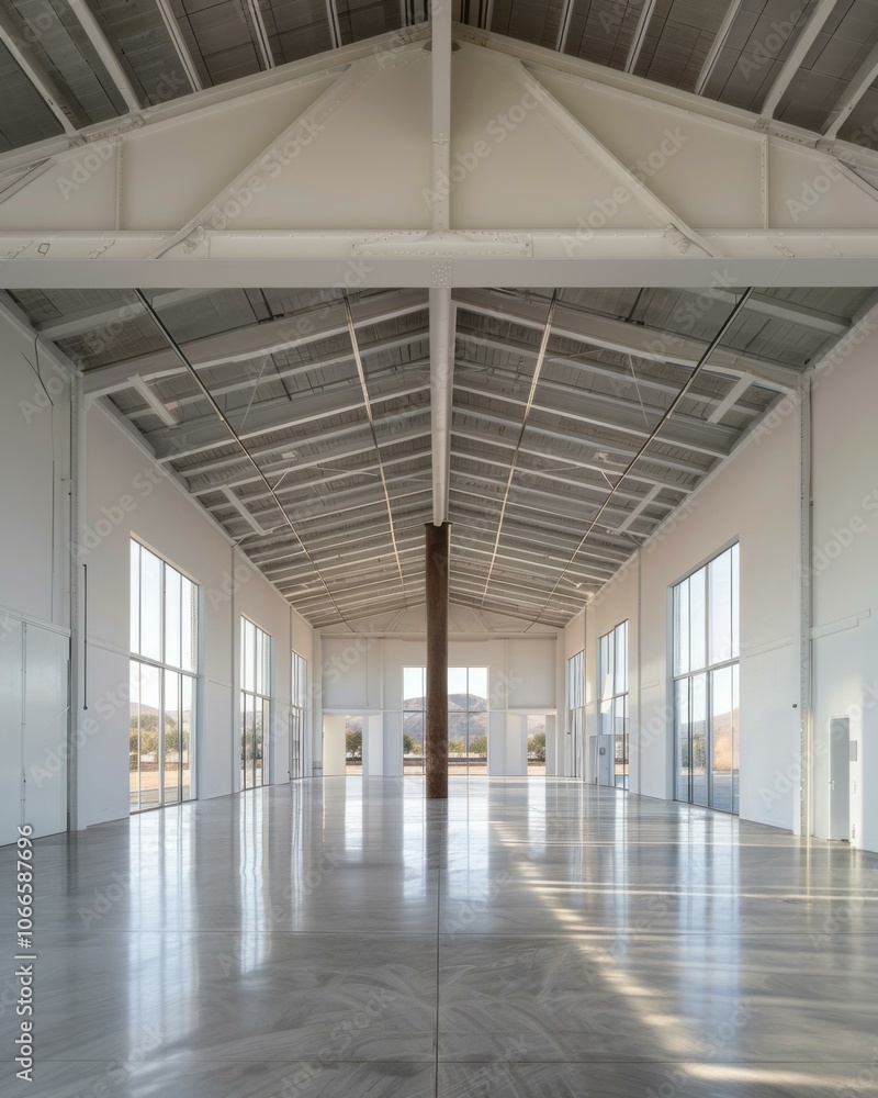 Poster a large empty space with a high ceiling and large windows. ai.