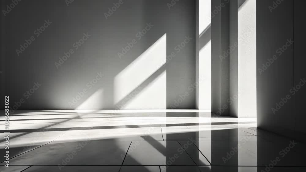 Poster Sunlight streams through windows onto the floor of an empty room, creating sharp, geometric shadows