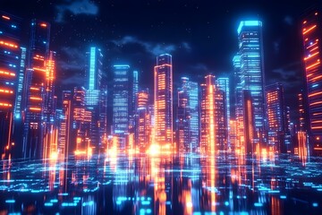 Obraz premium Futuristic Night City in the Distance Glowing with Lights