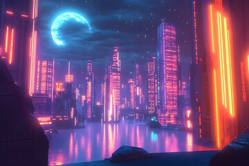 Futuristic Night City in the Distance Glowing with Lights