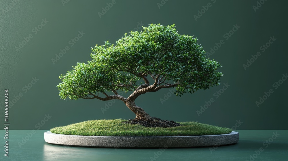 Poster a miniature bonsai tree with green leaves and a twisted trunk sits on a round, white base with grass