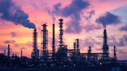 Obraz premium A large industrial plant with many tall towers and a large sun in the sky. The sun is setting and the sky is orange