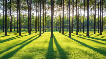 Serene Green Forest with Long Shadows at Sunrise