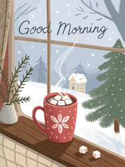 Cozy window scene with steaming hot chocolate and "Good Morning" sign in snowy landscape
