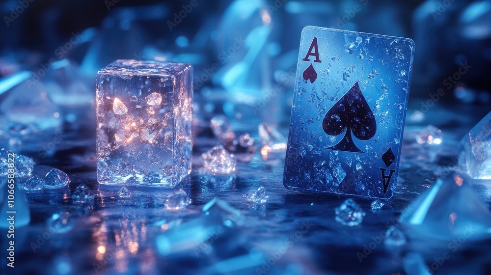 Poster ace of spades playing card with a frozen cube in the background.