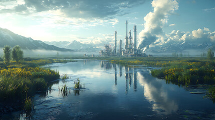 Fototapeta premium serene landscape featuring refinery near calm river, surrounded by mountains and lush greenery, reflecting beauty of nature and industry harmoniously