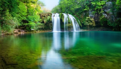 Tranquil Waterfall in Forest with Reflective Lake