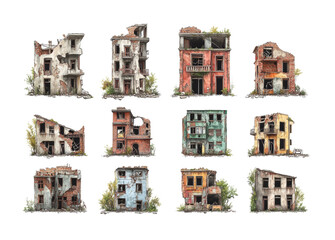 Crumbling small abandoned buildings with broken facades, dilapidated walls, and overgrown vegetation, ruined structures on transparent background