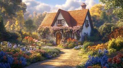 Obraz premium Charming Cottage Spring Flowers Sunny Garden Path Dream Home