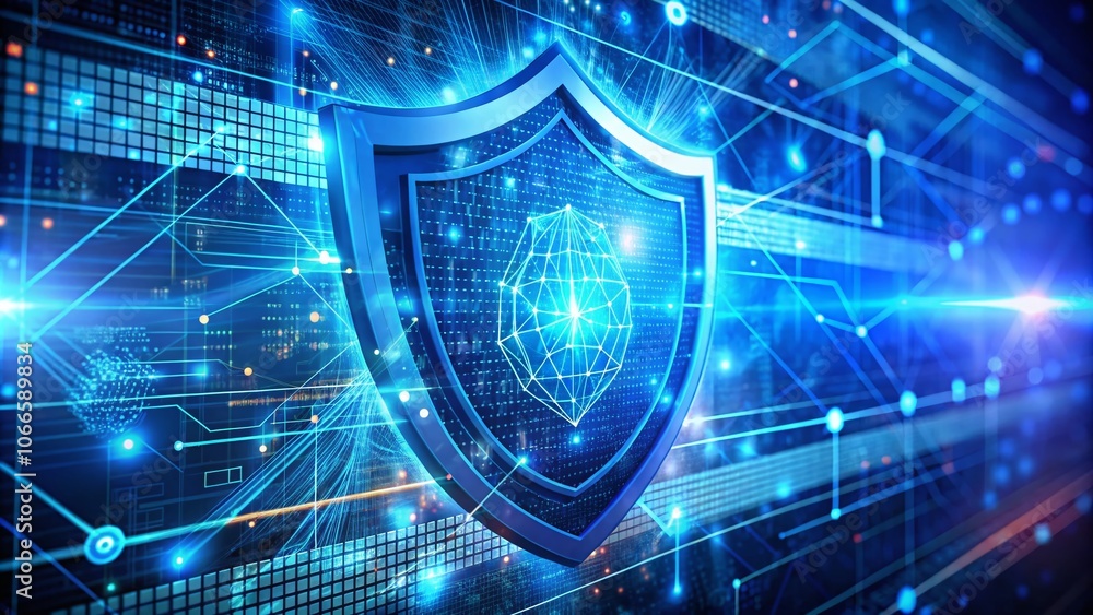 Poster bright blue web page background with antivirus shield in double exposure style for enhanced cybersec