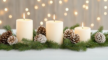 Elegant Christmas Table Centerpiece with Candles and Pinecones, Christmas table centerpiece featuring lit white candles, frosted pinecones, and evergreen branches, set against a backdrop of warm boke
