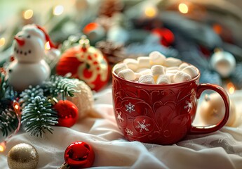 Red mug full of marshmallows, holiday decorations