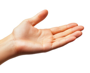Open human hand palm facing forward, gesture and body language concept, isolated on transparent background