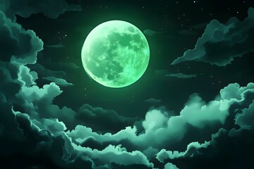 Green Night Sky with Green Moon and Clouds