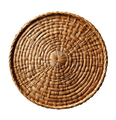 Round Handwoven Natural Wicker Basket Tray with Intricate Pattern for Rustic Home Decor on Transparent Background