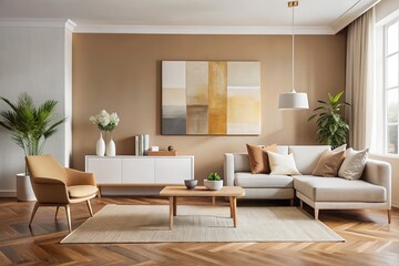 A minimalist abstract artwork features soft shades of beige and white, creating a serene focal point that enhances modern interior spaces with elegance and tranquility.