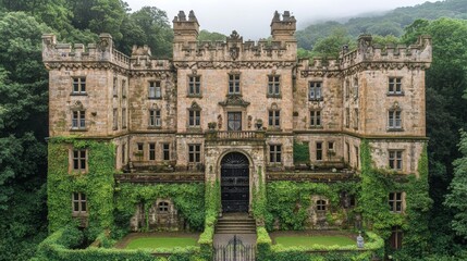 Naklejka premium Enchanting Stone Castle Ivy Covered Walls Historic Architecture Lush Green Foliage Picturesque