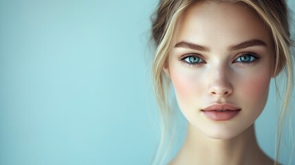 Fototapeta premium Close-up portrait of a woman with blonde hair and blue eyes looking directly at the camera.