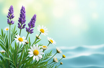 Medicinal herbs: chamomile and lavender, grow in a sunny meadow. Place for the text on the right.