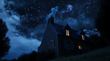 A Stone House Under a Starry Night Sky