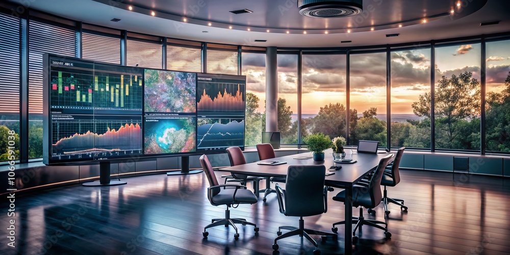Poster business landscape: analyzing data insights in a modern office environment with digital analytics an