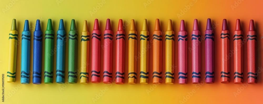 Poster a vibrant array of crayons arranged in order, showcasing various colors against a gradient backgroun