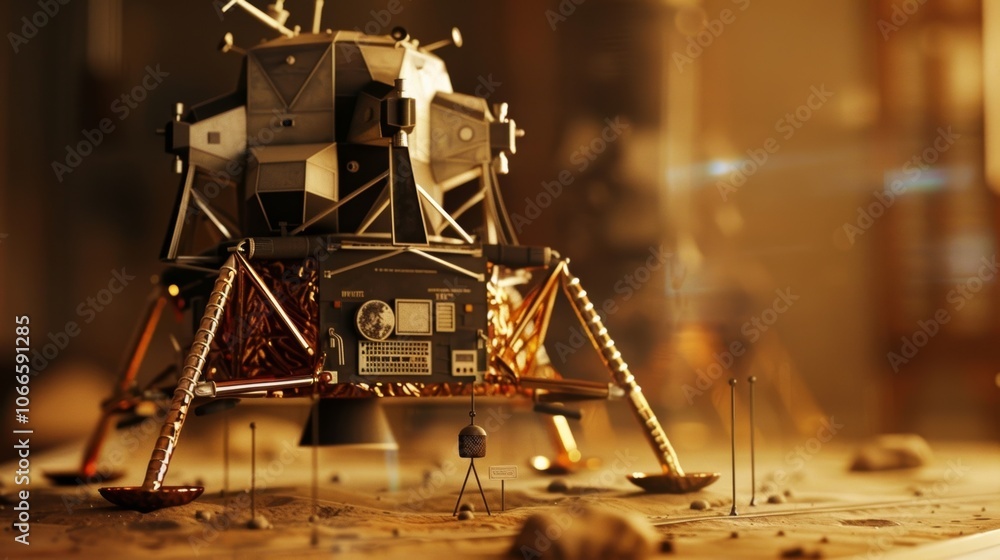 Poster a shot of a table with a replica of the apollo lunar landing module used for discussing the historic