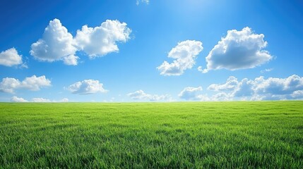Fototapeta premium Serene Green Field Under Blue Sky with Fluffy Clouds
