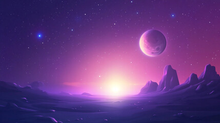 Fototapeta premium Scenic alien landscape featuring a distant planet and sparkling stars during twilight