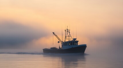 Obraz premium Fishing boat gliding through a foggy morning on the water near a serene coastal landscape