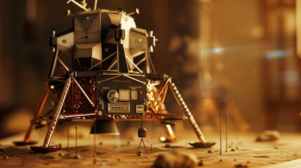 A shot of a table with a replica of the Apollo lunar landing module used for discussing the historic moon landing and its significance.
